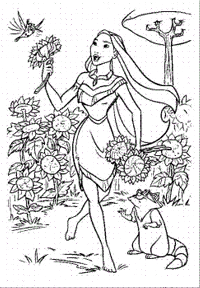 Pocahontas And SunFlowers Coloring Pages Free | The Coloring Pages