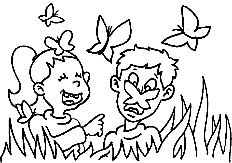 Colouring pages for kids laughing girl , boy , butterflies