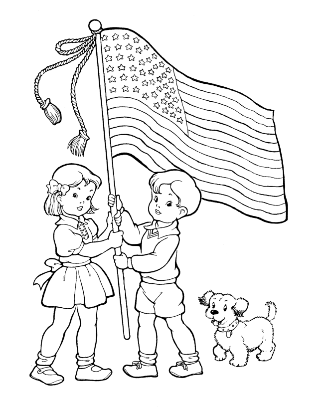 Bluebonkers : Boy and Girl with a US Flag - July 4th coloring pages