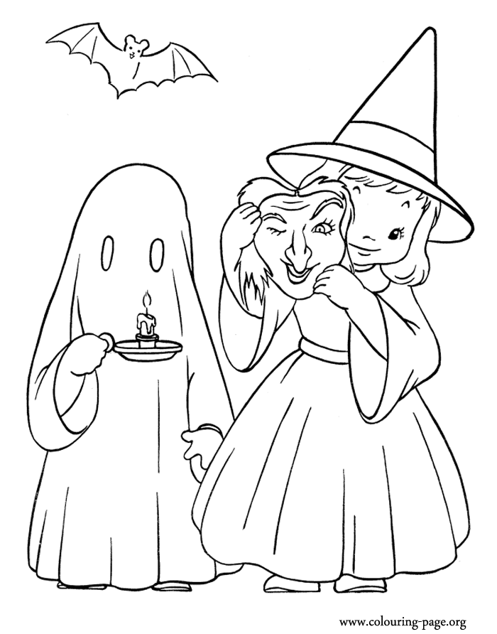 Halloween - Halloween costumes of witch and ghost coloring page