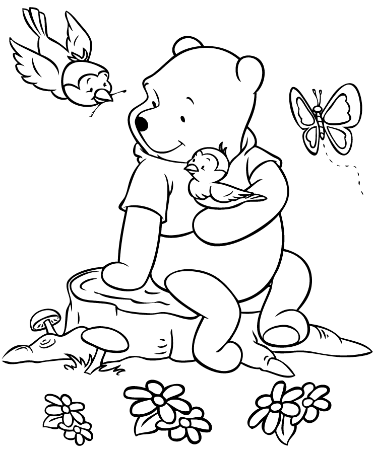 character coloring activity winnie the pooh playing with birds 