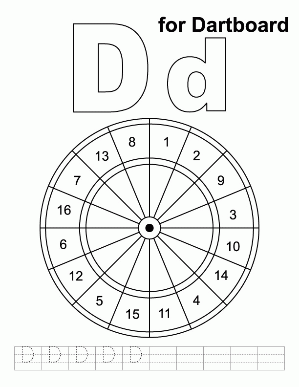 D for dartboard coloring page with handwriting practice | Download 