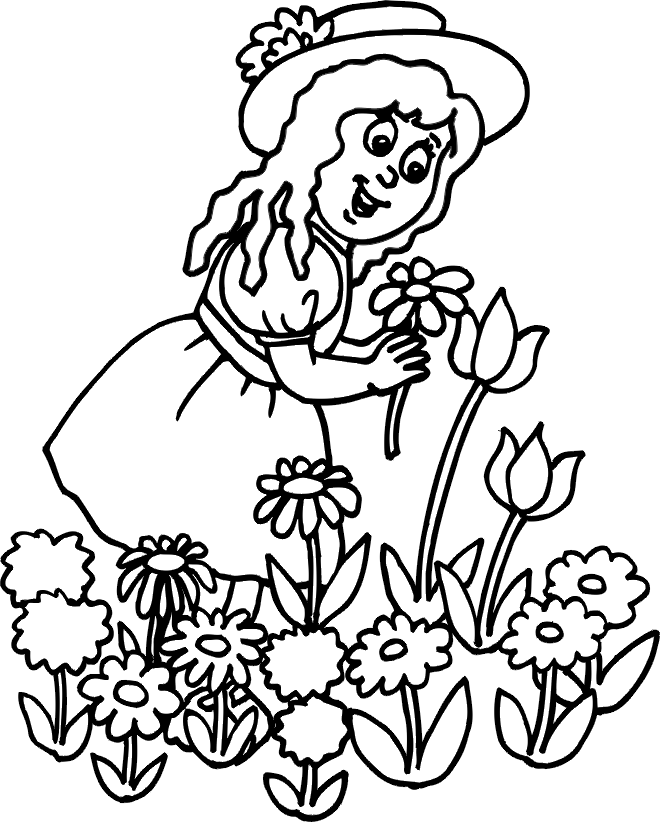 Summer Coloring Page | Girl Picking Flowers