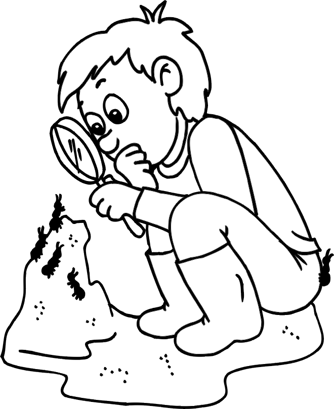 Summer Coloring Page | Boy Watching Ant Hill