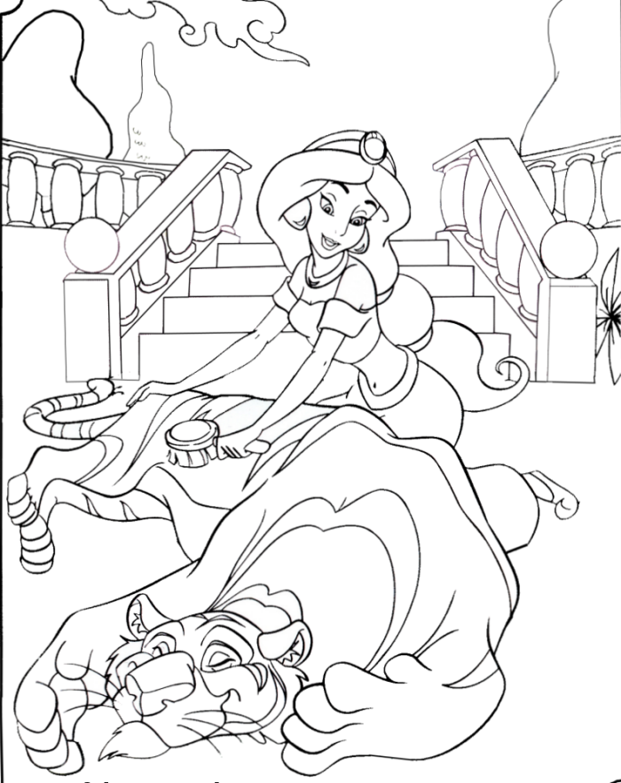 Jasmine Body Cleanse Her Tiger Coloring Pages - Aladdin Cartoon 