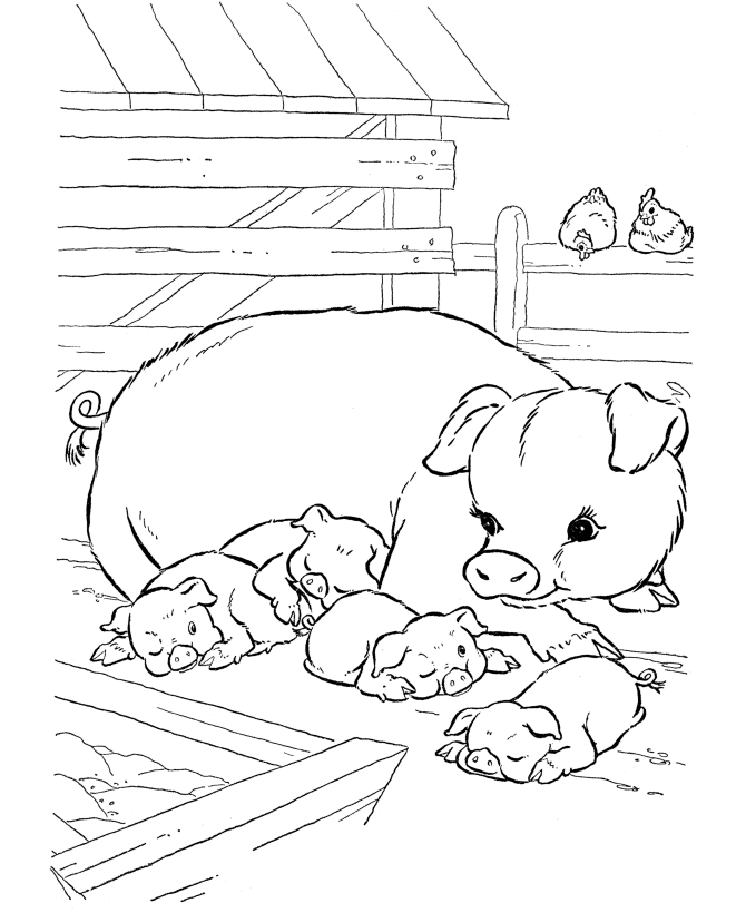 Farm Animal Coloring Pages | Printable Pigs napping Coloring Page 