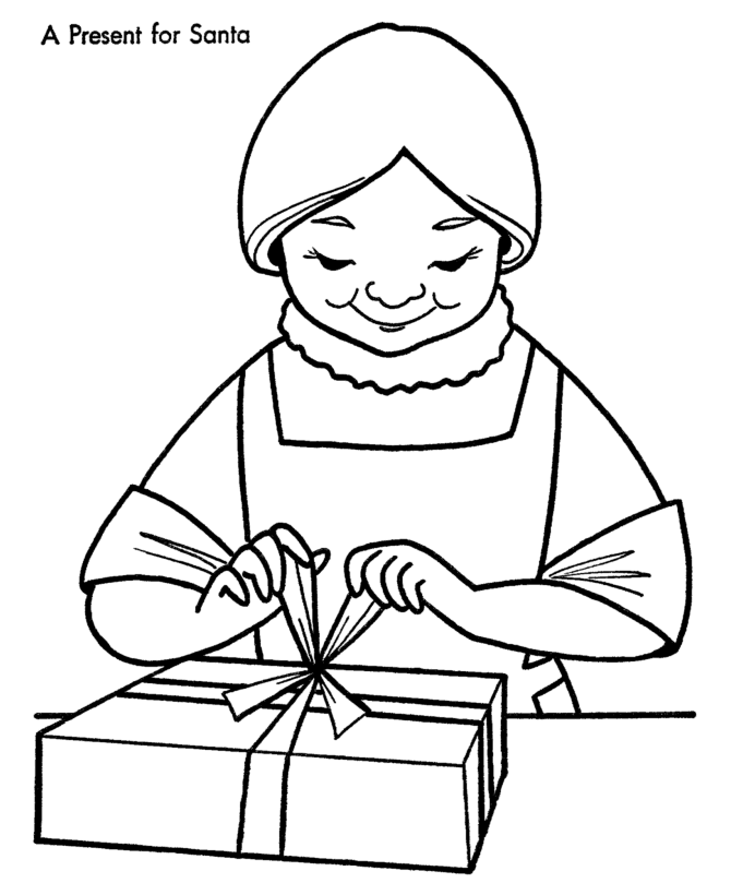 Christmas Santa Coloring Page - Mrs. Clause wraps something 