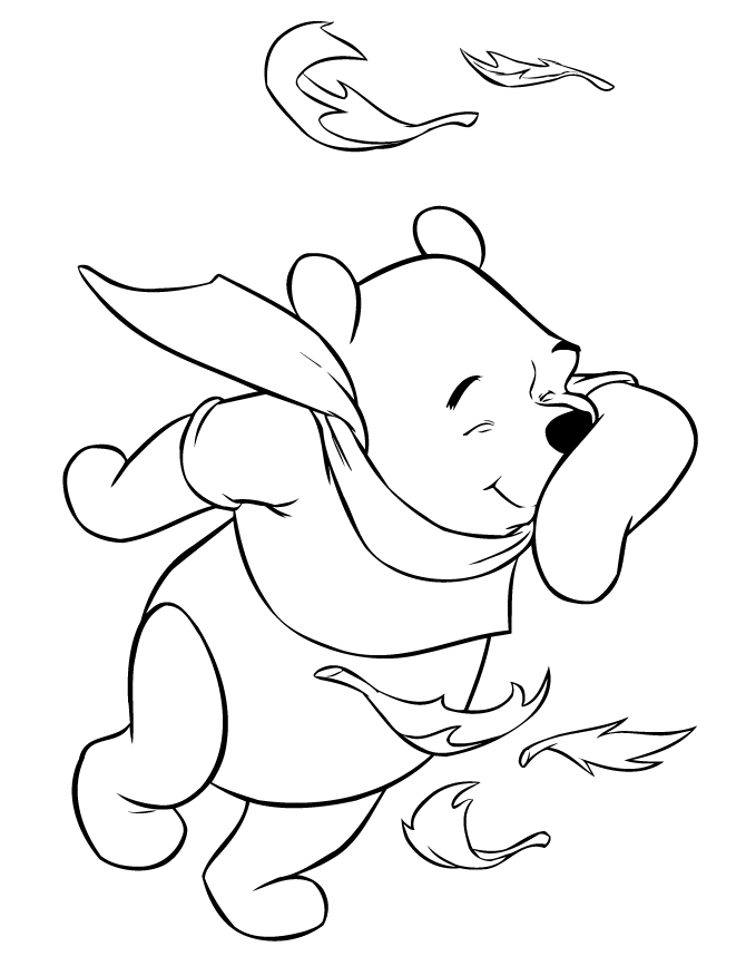 Winnie The Pooh In The Fall Wind Coloring Page | HM Coloring Pages