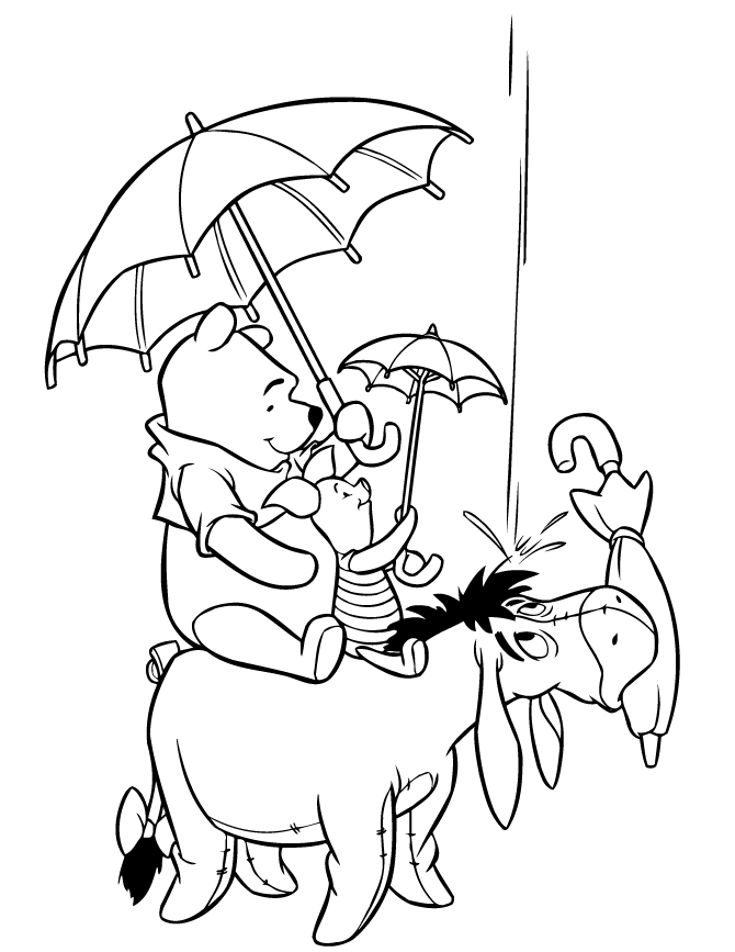 Pooh Bear And Friends In Raining Winter Season Coloring Page 