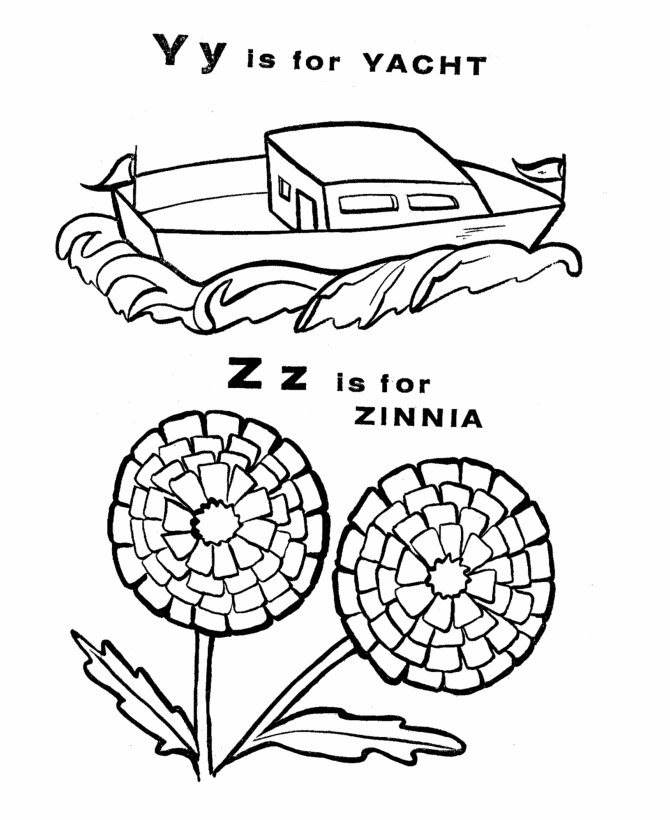 ABC Alphabet Coloring Sheets - Y/Z is for Yacht / Zinnia 