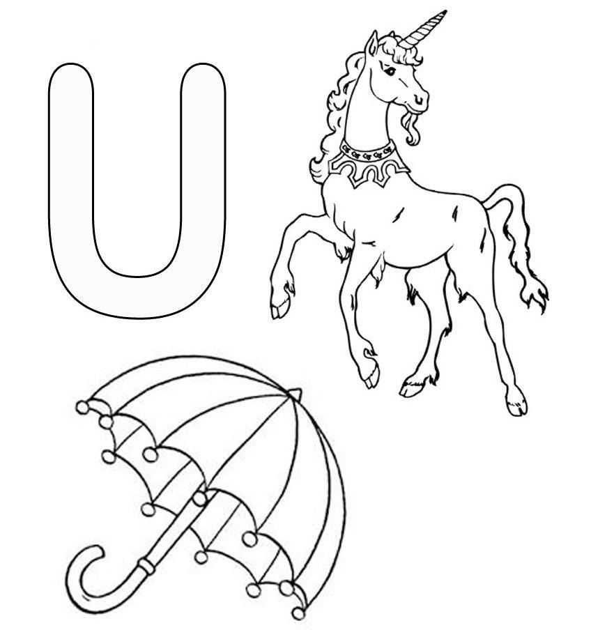 Alphabet Letter U Is For Umbrella And Water Coloring Pages 