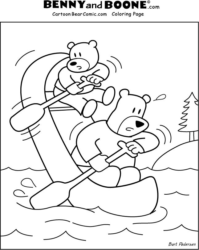 Bear colouring page featuring Benny and Boone canoeing