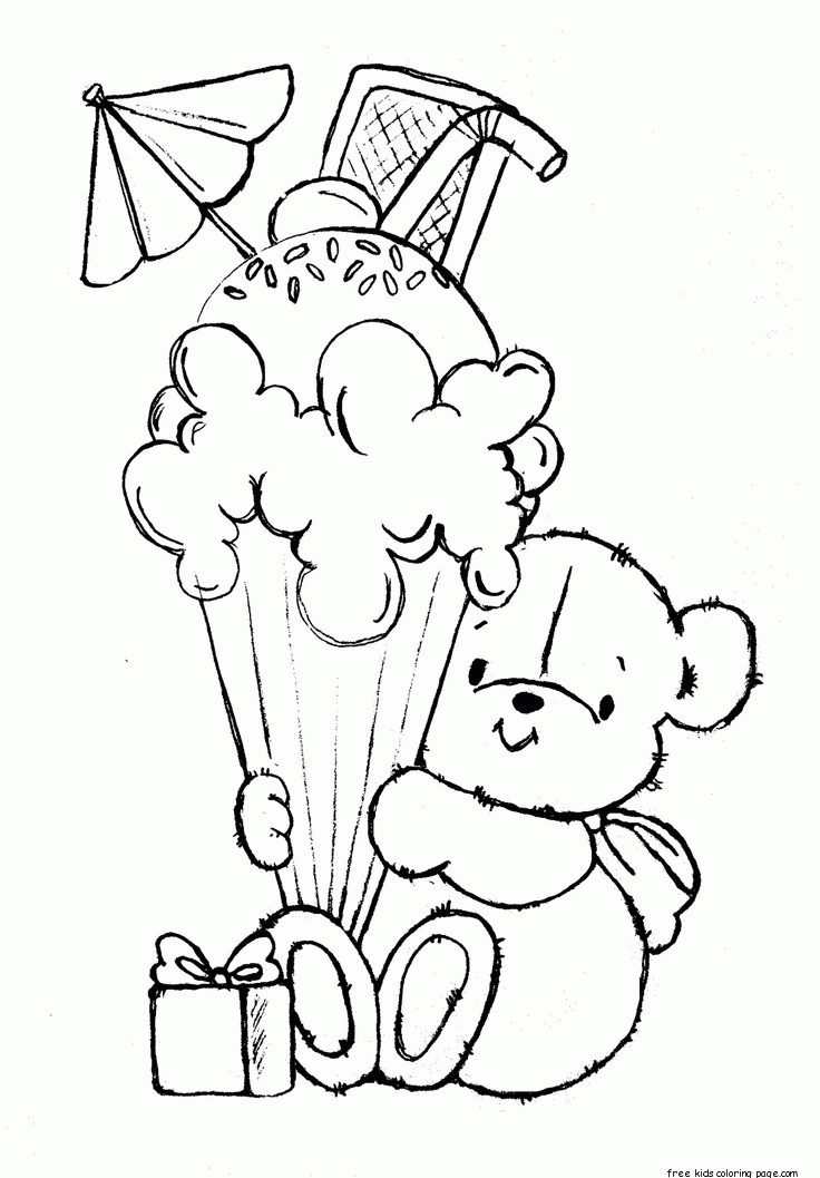 Print out teddy bear with birthday ice cream coloring sheet - Free 