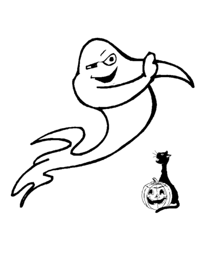 Halloween Ghost Coloring Page - Halloween Scary Ghost and Cat 