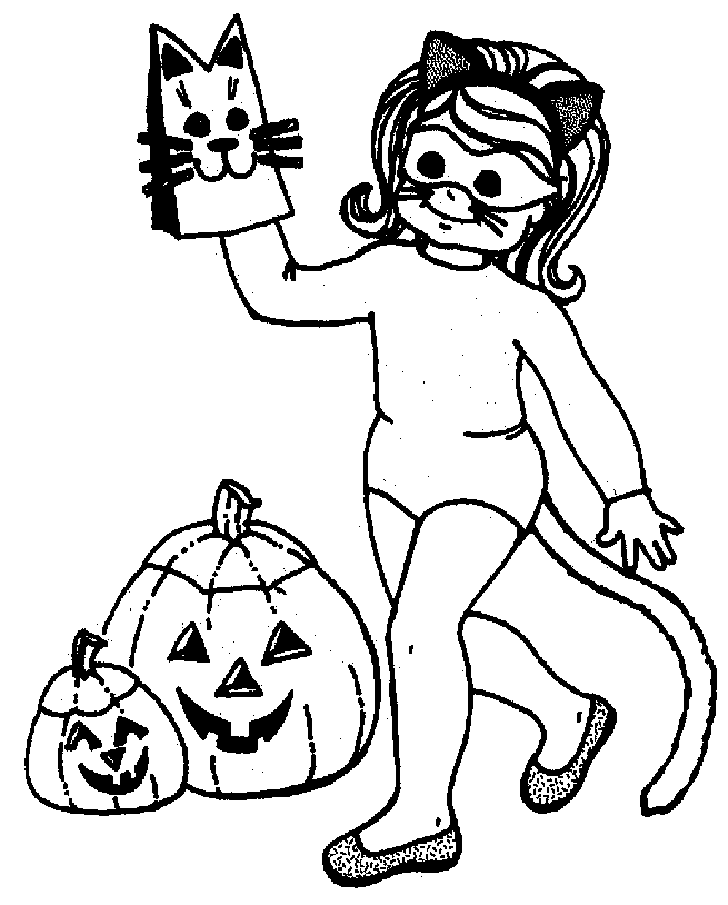 girl in cat costume of halloween coloring pages