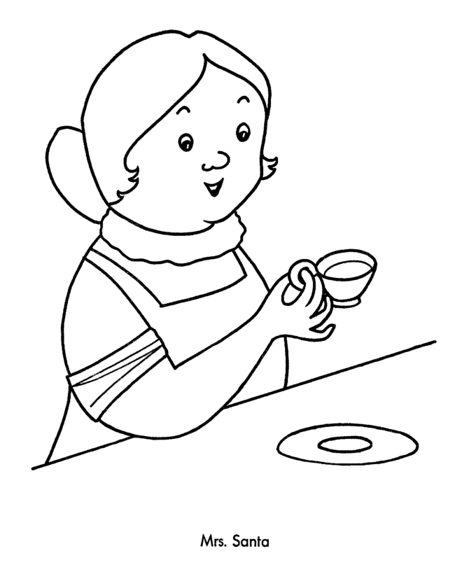 Christmas Santa Coloring Page - Mrs. Santa Claus with her cup of 