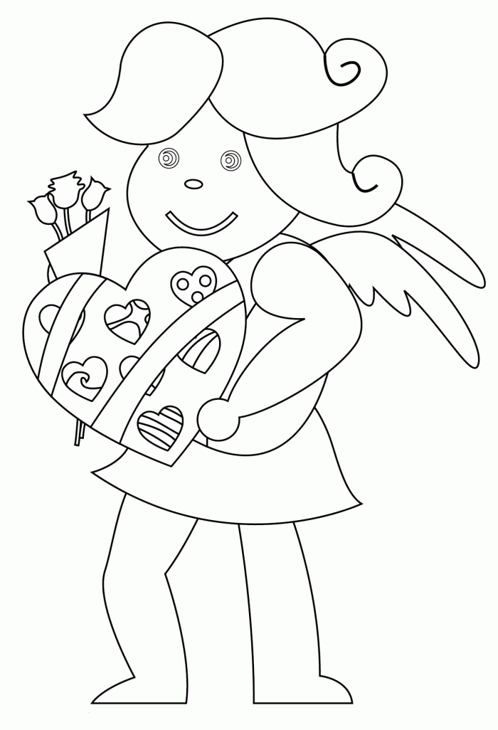 Coloring Page Valentines Day Cupid Bringing Chocolates And Candy 