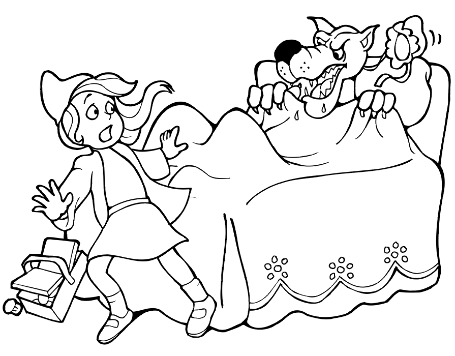 Red Riding Hood Coloring Page | Wolf In Granny's Bed