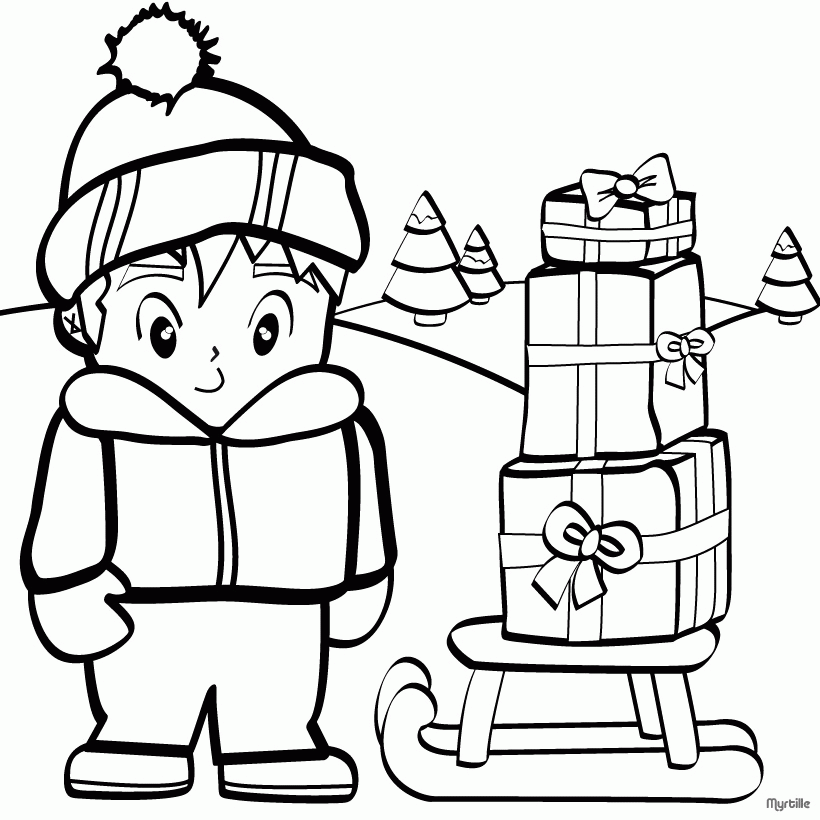 CHRISTMAS GIFT coloring pages - Boy collecting Christmas presents 