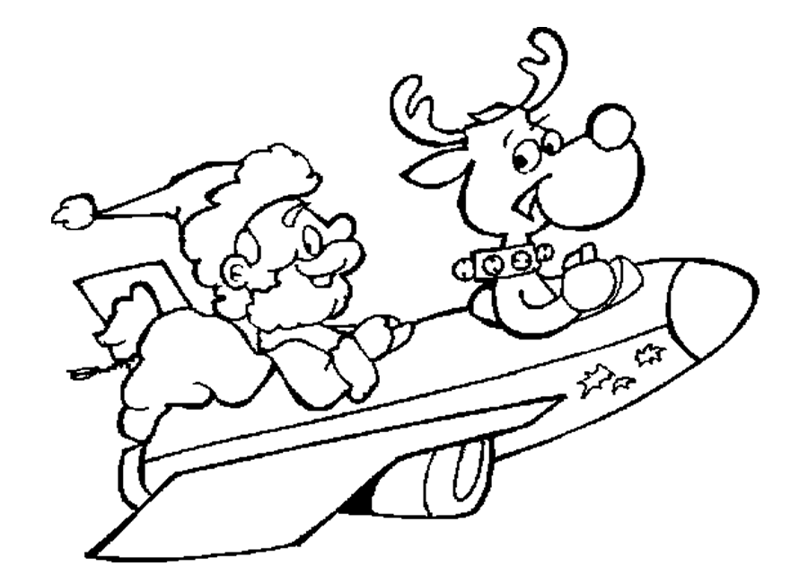 santa and reindeer flying in airplane coloring sheet homeschool 