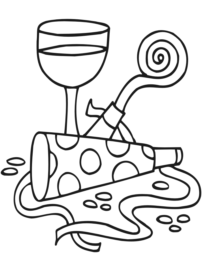 Printable New Years Coloring Page: wine & noise makers
