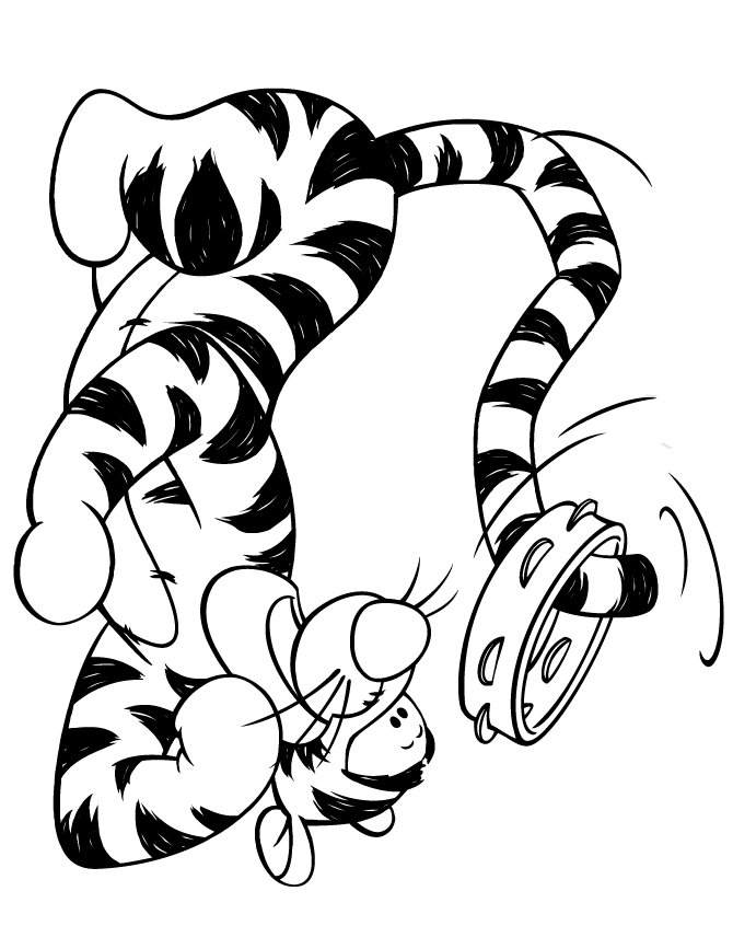 Cartoon Tigger Playing Tambourine Coloring Page | HM Coloring Pages
