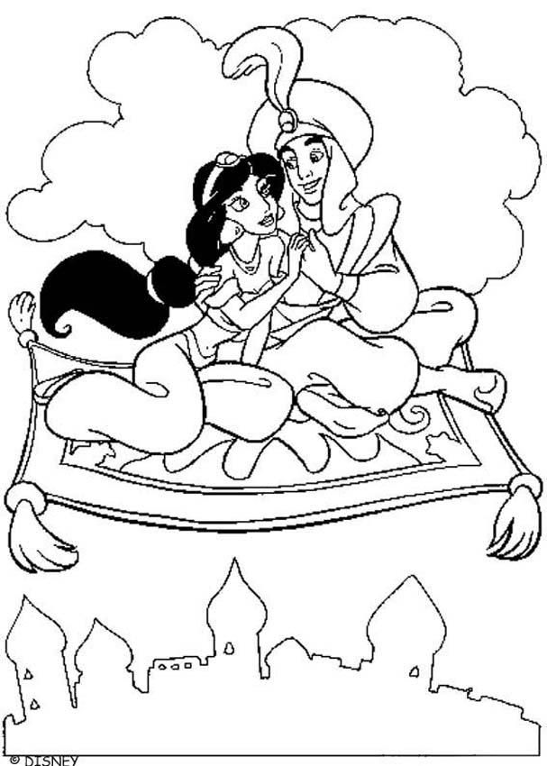 Aladin zum Ausmalen - Fliegende Prinzessin Jasmine mit Aladdin zum 