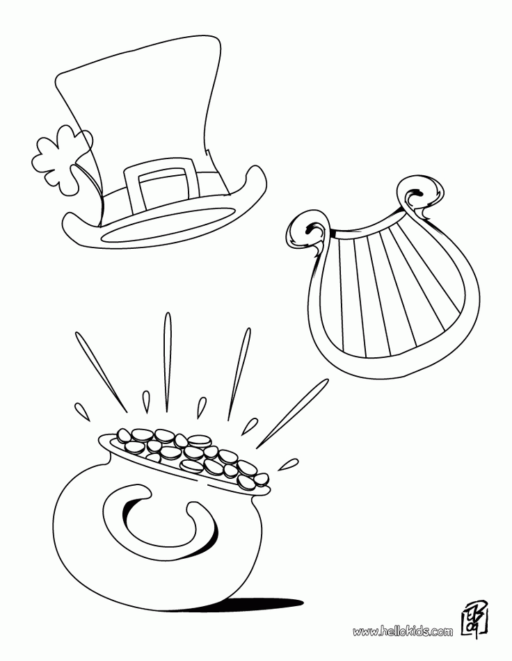 Pot of Gold, Harp and Hat coloring page | St. Patrick's Day | Pintere…
