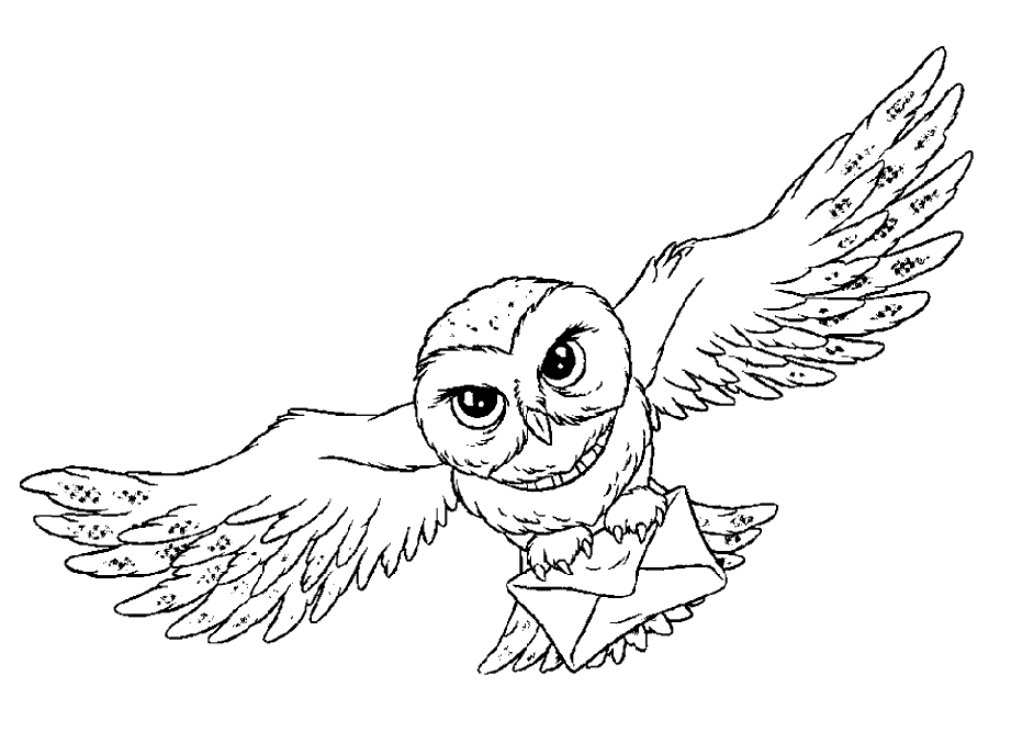 Harry Potter Coloring Picture of a flying owl with an envelope / letter
