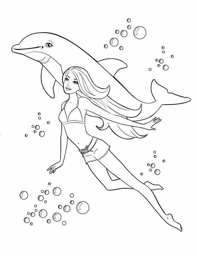 Free Printable Barbie swimming with Dolphin Coloring Page For Kids 