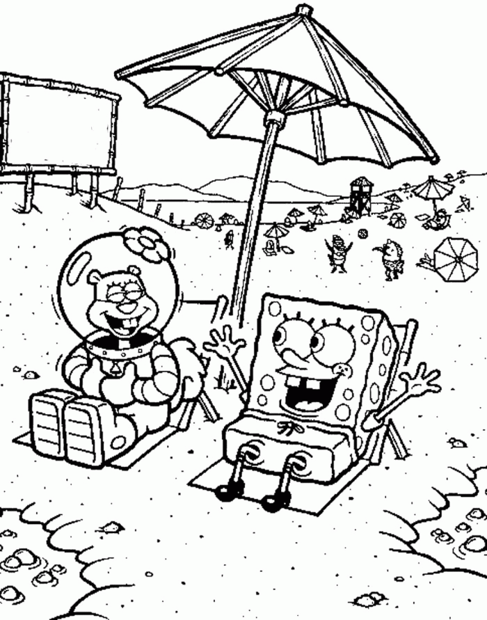 Spongebob And Sandy On The Beach Coloring Page - Spongebob Cartoon 