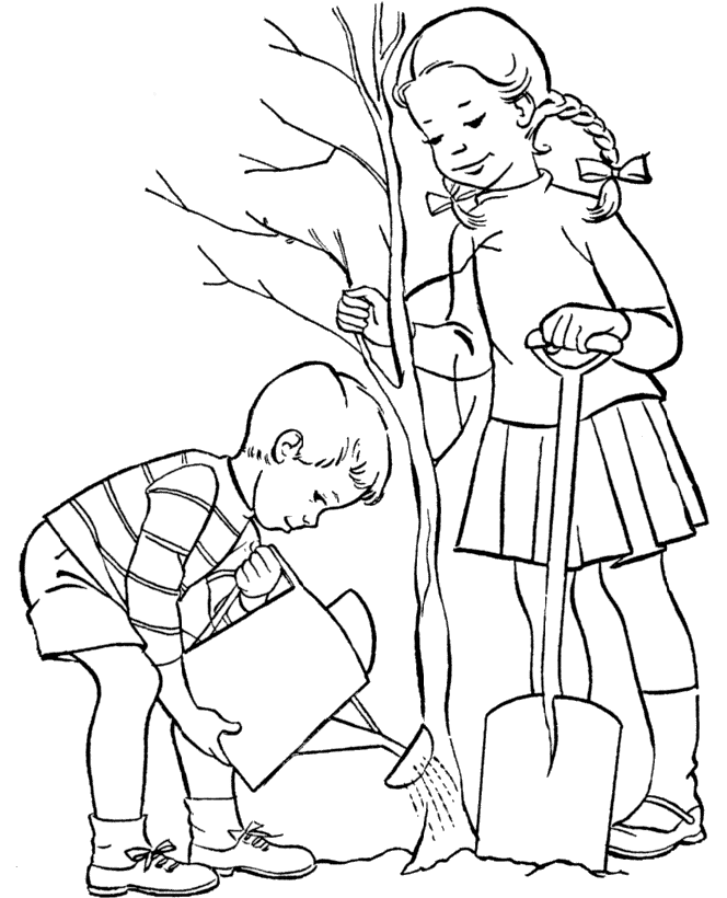 Kids Planting Trees Coloring Pages - Arbor Day Coloring Pages 