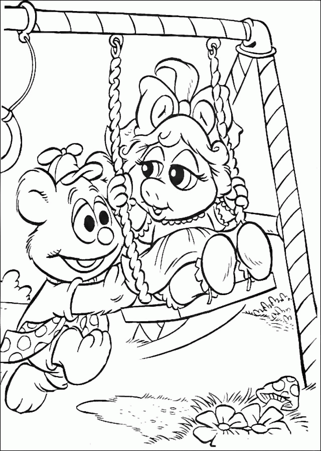 Baby Fozzie And Baby Miss Piggy On A Swings Coloring Online 255360 