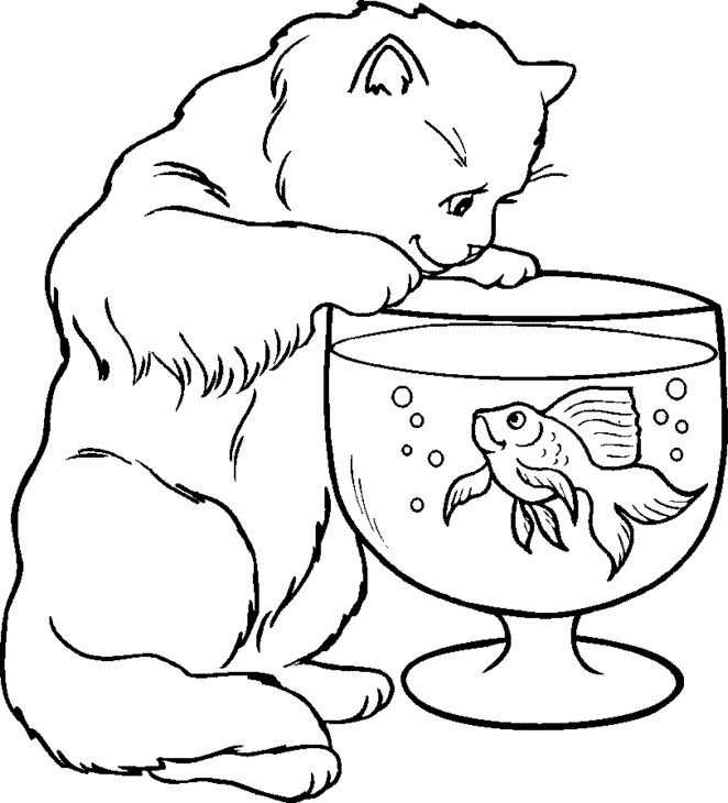 cat eating fish Colouring Pages