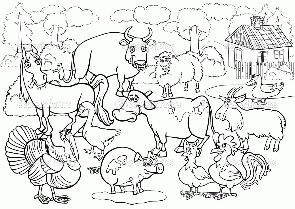 country scene with farm animals livestock big group for coloring 