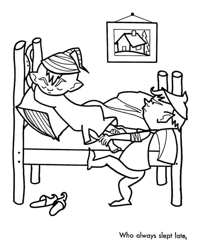 Santa's Helpers Coloring Pages - Elves pulled him out of bed 