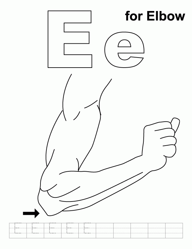 E for elbow coloring page with handwriting practice | Download 