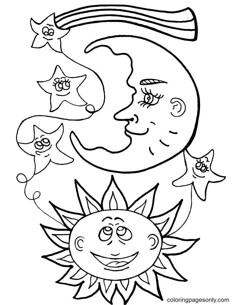 Sun with Moon Coloring Pages - Sun Coloring Pages - Coloring Pages For Kids  And Adults