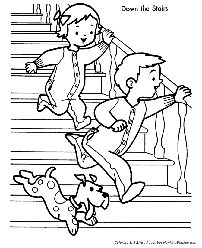 Christmas Morning Coloring Pages - Kids Run Downstairs on Christmas Morning Coloring  Sheet | HonkingDonkey