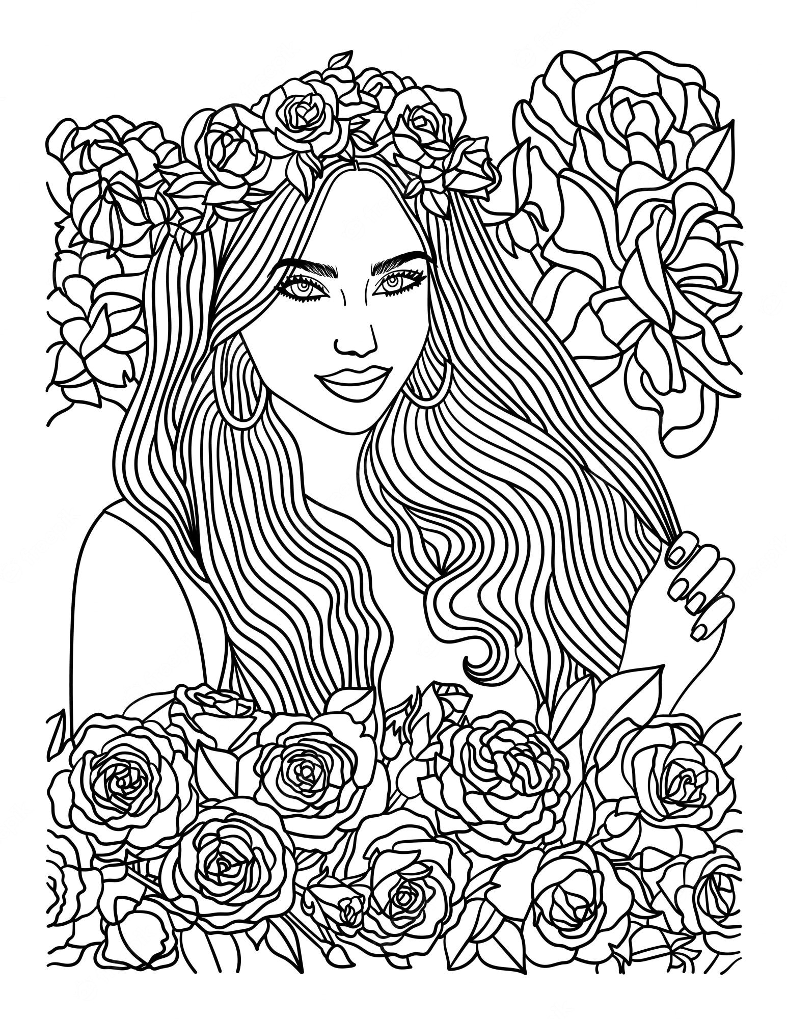 Premium Vector | Asian flower girl coloring page for adults