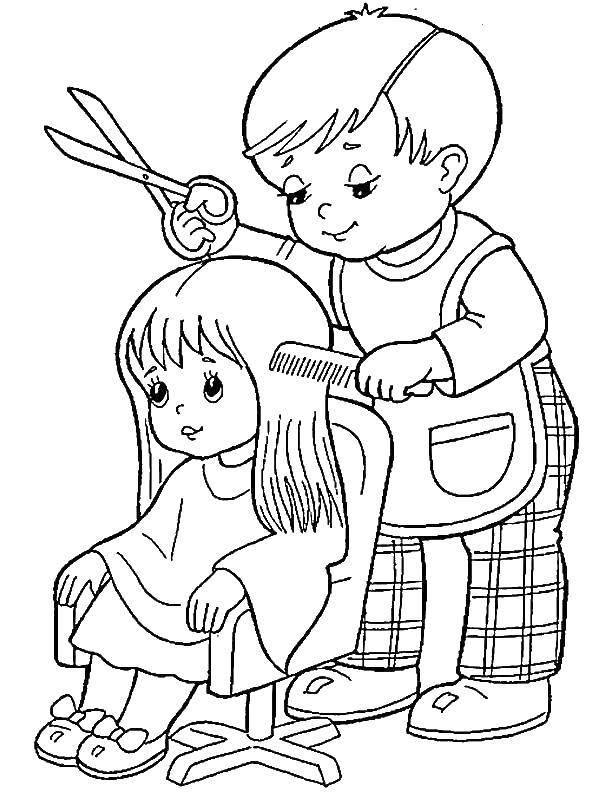 Online coloring pages profession, Coloring page The Barber cuts the girl a  profession.