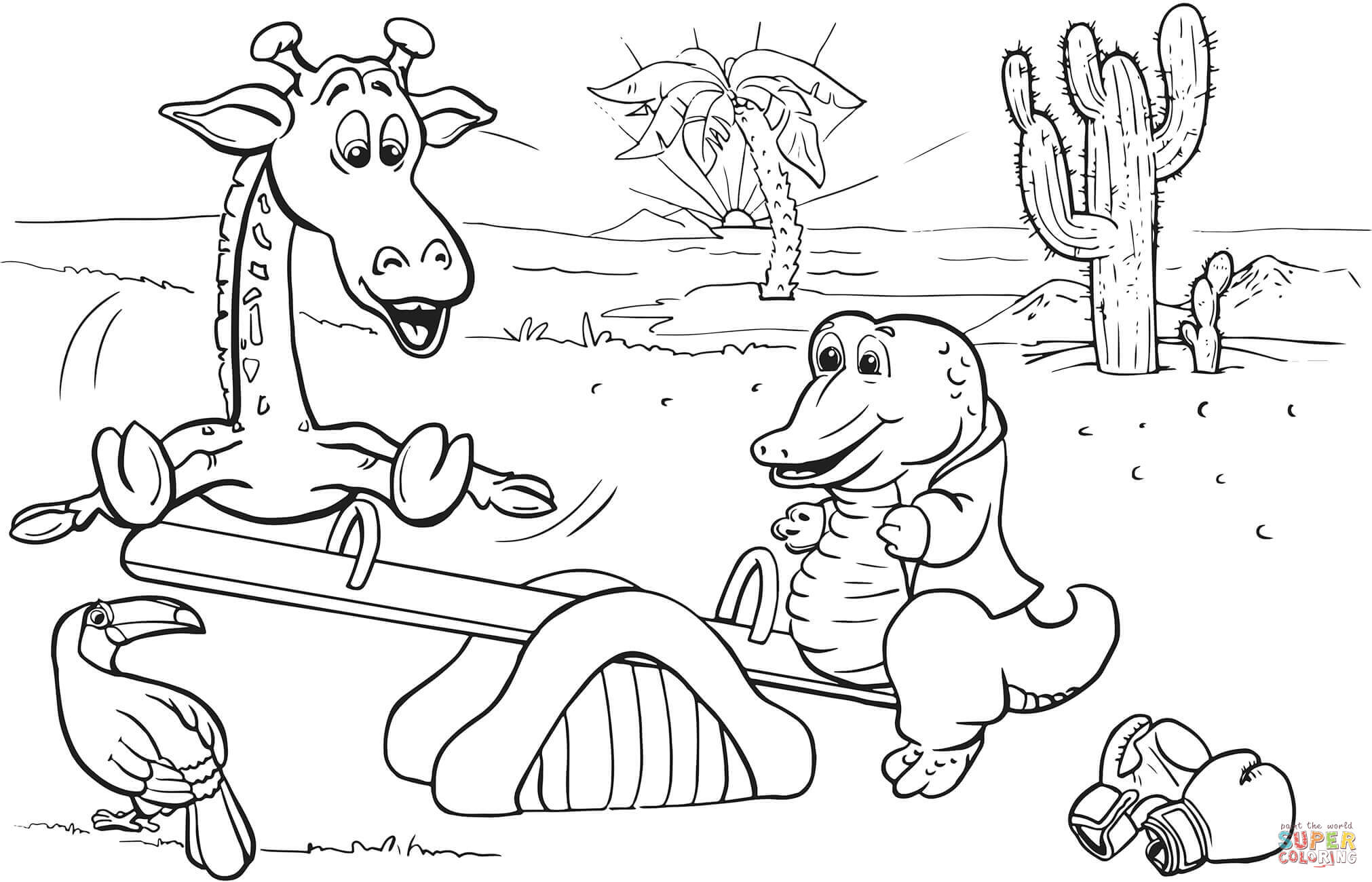 Giraffe and Crocodile on the Playground coloring page | Free ...