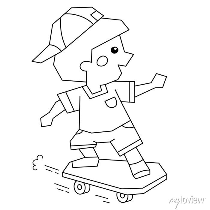 Coloring page outline of cartoon boy on the skateboard. coloring canvas  prints for the wall • canvas prints joyful, white, black | myloview.com