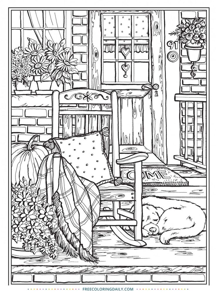 Free Front Porch Scene Coloring | Free Coloring Daily | Coloring books,  Creative haven coloring books, Cute coloring pages