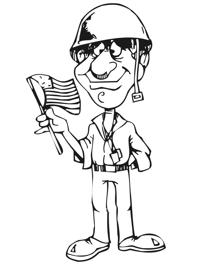 Soldier Coloring Page | A Patriotic Soldier Holding a Flag