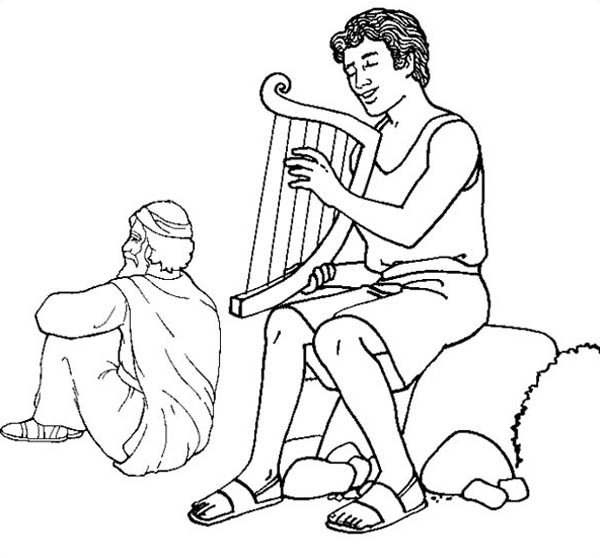 David Play Harp in the Story of King Saul Coloring Page - NetArt