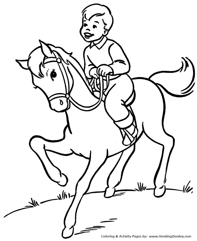 Horse Coloring Pages | Printable boy is riding his horse Coloring 