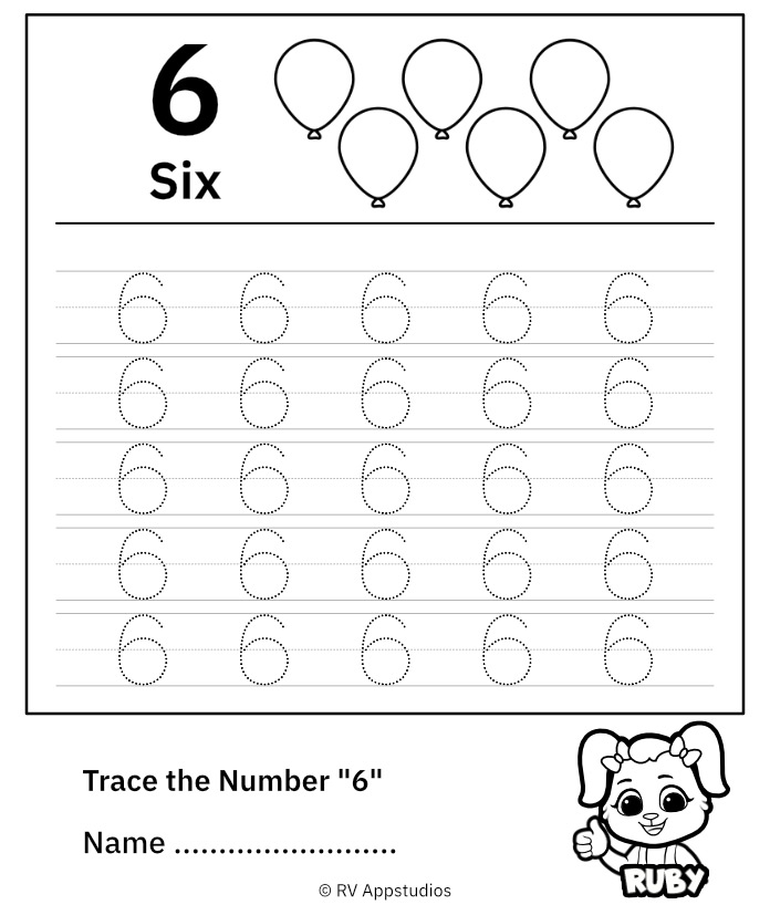 Trace Number 6 Worksheet for FREE for Kids