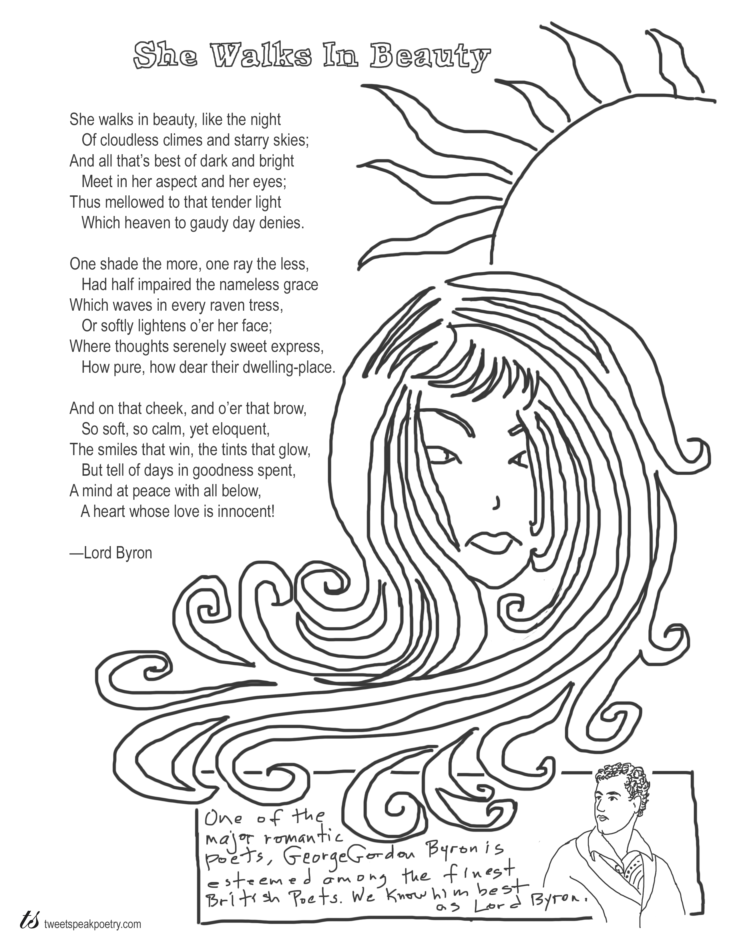She Walks in Beauty by Lord Byron Coloring Page Poem - Tweetspeak Poetry