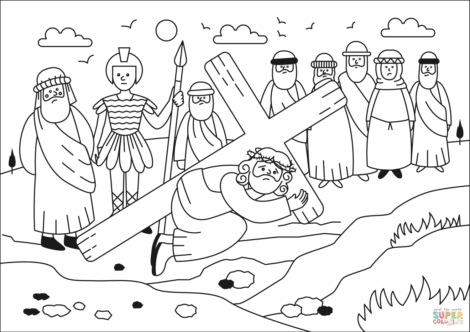 Jesus Falls with Cross coloring page | Free Printable Coloring Pages